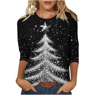 Generic Christmas Top for Women 3/4 Sleeve Novelty Funny Christmas Sweatshirt Xmas Tree Print Sweatshirt Casual Tunic Tops Holiday Round Neck Long Sleeve Tops