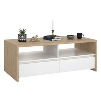 Dmora Dmora - Mesa De Caf&eacute; Shote, Mesa De Centro Baja, Revistero Para Sof&aacute;, Estante De La Sala De Estar, 120x60 H46 Cm, Roble Y Blanco Brillante