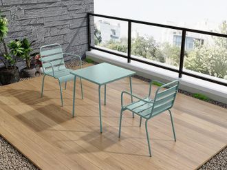 Vente-Unique Sala da pranzo da giardino un tavolo L.70 cm e 2 poltrone impilabili in metallo Verde mandorla - MIRMANDE di MYLIA