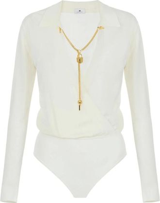 Elisabetta Franchi Tops, Dames, Beige, S, Leer, Viscose Garen Bodysuit met Juwelenketting