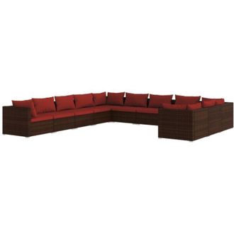 vidaXL Set Muebles De Jard&iacute;n 11 Piezas Cojines Rat&aacute;n Sint&eacute;tico Marr&oacute;n Vidaxl