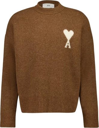 Ami Round-neck Knitwear, male, Brown, XL, De Coeur Crewneck Jumper
