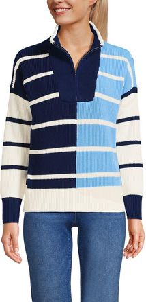 Lands End Drifter Cotton Quarter Zip Pullover Sweater in Deep Sea/fresh Ivory Stripe at Nordstrom, Size X-Small