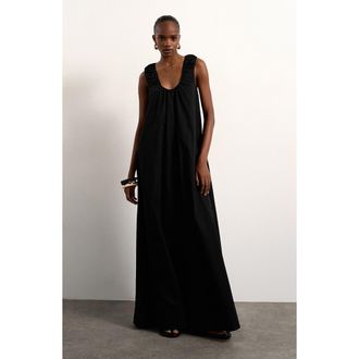 Topshop Ruched Cotton Poplin Maxi Dress in Black at Nordstrom, Size 10 Us