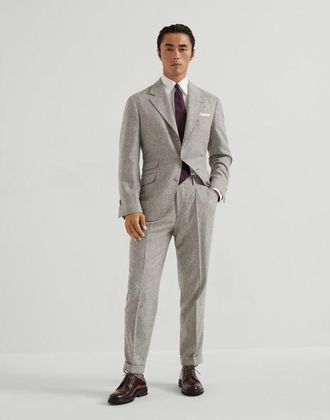 Brunello Cucinelli Mens Cold Brown Silk Wool Blend Checked Suit, Size 52