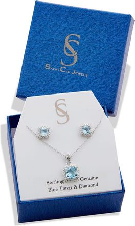 Savvy Cie Jewels Stone Pendant Necklace & Cushion Stud Earrings Box Set in Blue at Nordstrom Rack