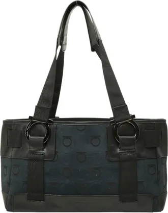 Ferragamo Black Navy Canvas Handbag Tote Bag (Pre-Owned)