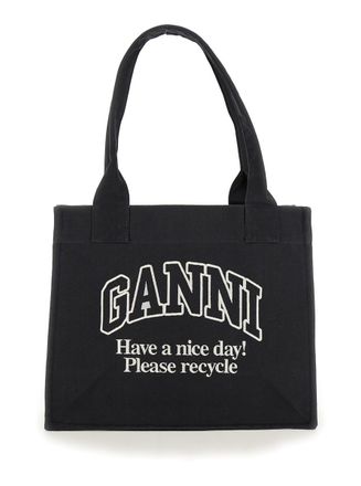 Ganni Black Shopper With Embroidered Logo On The Front In Denim Woman