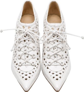 Versace Lace Up High-Heeled Mules in White Leather
