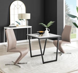 Furniturebox Carson White Marble Effect Square Dining Table & 2 Faux Leather Willow Chairs in Beige