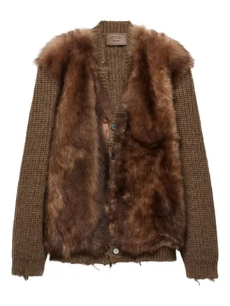 Prada shearling-trimmed wool cardigan - men - Wool/Sheep Skin/Shearling - 50 - Brown