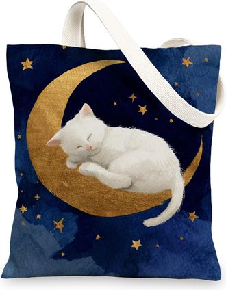 Generic Cat Canvas Tote Bags, Moon and Stars Design Reusable Shopping Bags, Cozy Lightweight Washable Shoulder Strap Canvas Bags fo, Blue, 13x15 Inch