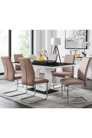 Furniturebox Giovani High Gloss & Glass Dining Table & 6 Lorenzo Chairs Set in Beige
