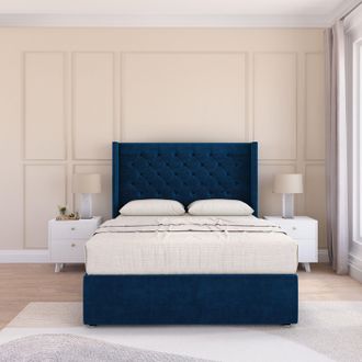 Sloomy Dior Wing Bed Set No Drawers With Ortho Sprung Mattress & 54 Floor standing Headboard Plush Velvet in Navy | Size: Small Double