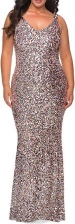 La Femme Floor Length Multi Colored Sequin Plus Size Dress in Silver at Nordstrom, Size 12W