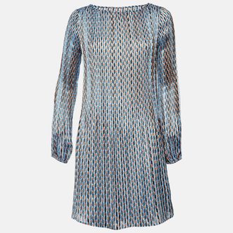 Maje Blue Geometric Print Lurex Plisse Rockilane Mini Dress
