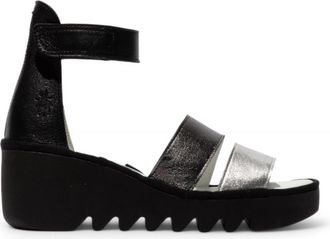 FLY London Fly London Womens BONO290FLY Silver Black Idra Leather Sandals Espadrille Wedges