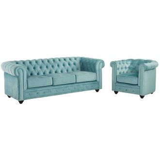 Vente-Unique Vente-unique - Divano chesterfield 3 posti e poltrona in velluto Azzurro pastello