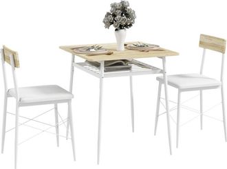 HOMCOM Homcom - Conjunto De Mesa Y Sillas De Comedor De 3 Piezas Mesa Rectangular Con Estante Abierto Estructura De Acero Blanco Y Roble