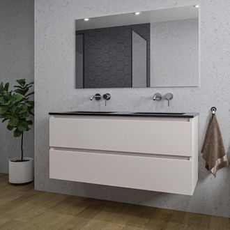 Saniclass Chaci Badkamermeubelset - 120x46x55cm - keramische wastafel zwart - 2 wasbakken - zonder kraangaten - 2 lades - rechthoekige spiegel - mat cotton (bei