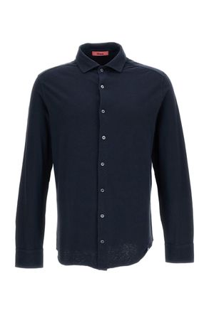 Drumohr Blue Cotton-Linen Spread Collar Casual Shirt