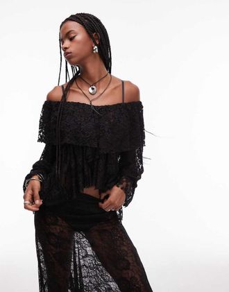 Asos Blusa in pizzo nera voluminosa con volant-Nero