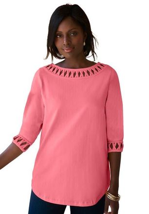 Jessica London Stretch Cotton Lattice Boatneck Tunic in Tea Rose at Nordstrom, Size Medium