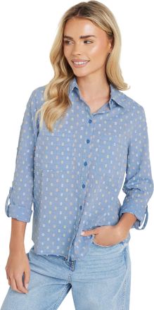 M&Co Petites Petite Cotton Dobby Long Sleeve Shirt - Womens Blue