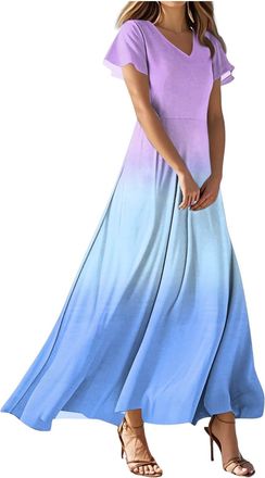 Generic Summer Dresses for Women UK Empire Waist Comfy Boho Floral Print V Neck Ladies Maxi Dress Beach Swing Long Dresses Slim Fit A Line Wrap Flowy Dress wi