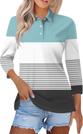 Generic Womens Polo Shirts 3/4 Sleeve Striped Color Block Button Up Golf Tennis Tops Dressy Casual Fitted Business Work T-Shirt(05, L) sommerblusen Damen Leic