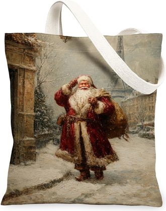 Generic Vintage Santa Canvas Tote Bags, Holiday Christmas Pattern Reusable Grocery Bags, Lightweight Washable Shoulder Strap Canvas for Travel Picnic 13x15 In