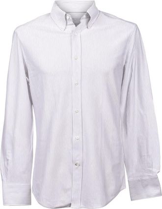 Brunello Cucinelli MenS White Mocha Striped Dress Shirt, Size XXL