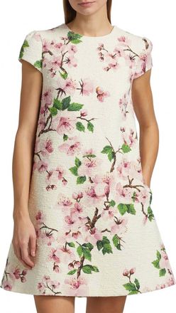 Oscar De La Renta Cherry Blossom Cap Sleeve Embroidered Dress In Pink/ivory