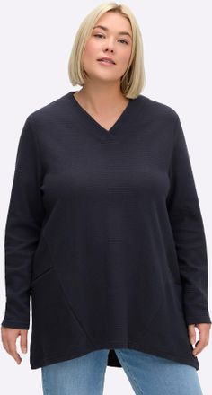 Sheego Sweatshirt SHEEGO, Damen, Gr. 40/42, tiefblau, gestreift, 100% Baumwolle, unifarben, V-Ausschnitt, Sweatshirts Sweatshirt