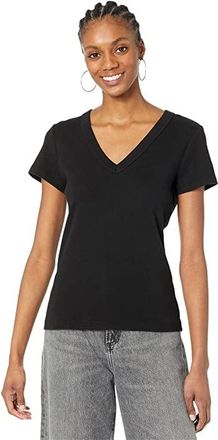 Michael Stars Nikki 1X1 Cotton Short Sleeve V-Neck T-Shirts Womens T Shirt Black (US 0-12)