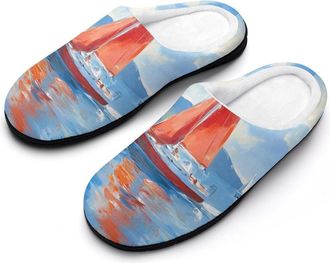 Generic Sailboat Boat On Blue Sea Mens Slippers Slip On Comfortable Fleece Cotton House Shoes Winter