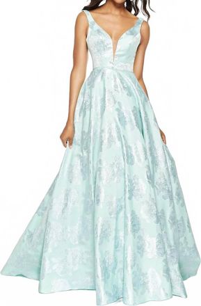 Alyce Paris Metallic Floral Jacquard Ball Gown In Sea Glass