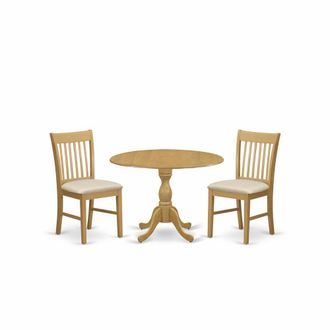 East West Furniture DMNF3-OAK-C 3 Piece Dining Room Table Set - Oak Wood Dining Table and 2 Oak Linen Fabric Kitchen Chairs with Slatted Back - Oak Finish