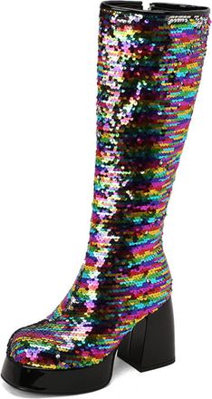 Generic Womens Chunky High Heel Platform Boots Square Toe Knee High Boots Glitter Party Prom Shoes,Multicolor,4.5 UK