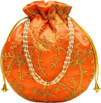 Generic Embroidered Potle Bag for Women | 9x9 Inch Ethnic Drawstring Purse with Pearl Handle | Wedding, Party & Festive Clutch, Orange, 9*9
