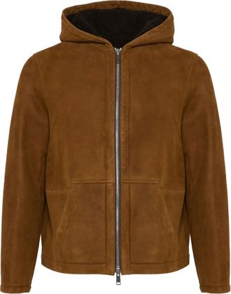Yves Salomon Giacca con cappuccio in pelle scamosciata e shearling - B3198 BROWN