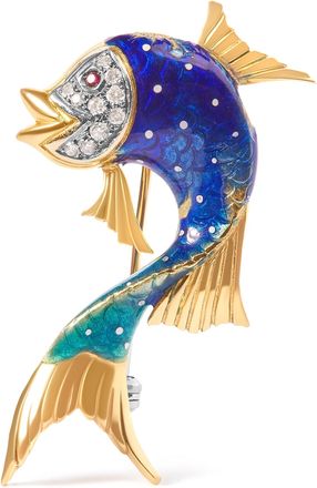House of Brilliance 18K Yellow Gold and Blue Enamel Diamond and Pink Sapphire Fish Brooch Pin