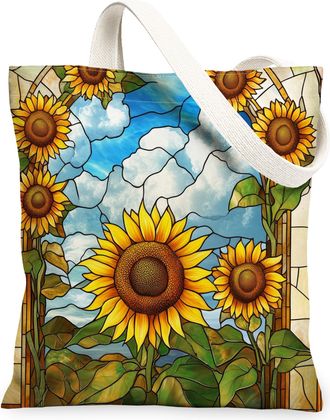 Generic Stained Glass Sunflower Flower Canvas Tote Bag for Shopping 13x15, Cool Floral Garden Reusable Grocery Print Pattern Bag for Women Men, Fun Wildflower