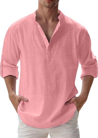 Generic Mens Linen Shirt Long Sleeve Casual Button Down Breathable Pure Color Summer Beach Comfortable Loose Fit (Watermelon Red-a, XXL)