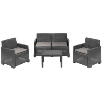 Dmora Conjunto De Sal&oacute;n De Exterior Vieste, Conjunto De Jard&iacute;n Con 2 Sillones, 1 Sof&aacute; Y 1 Mesa De Centro, Efecto Rattan Con Cojines, 100% Made In Italy, Ant