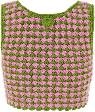 Prada Womens Two-Tone Crochet Tank Top Green Cotton Tops