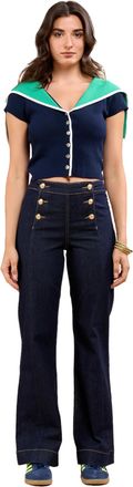 Toxik3 Womens High Waist Flare Button Jeans - Blue Jeans Raw (UK, Numeric, 12, Regular, Regular, Blue Jeans Raw)