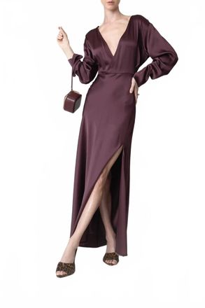 Sally Lapointe Satin V-Neck Long Dress In Mulberry