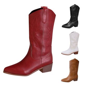 Generic Mid-Calf Cowboy Boots for Women Pointed Toe Chunky Low Heel Retro Tall Boots with Floral Embroidered Ladies Classic Comfort Pull On Design Western Foo