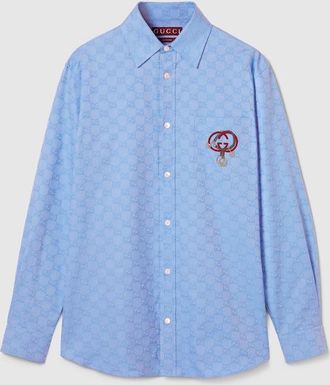 Gucci GG Oxford Cotton Shirt With Embroidery, Size 44, Blue, Ready-to-wear